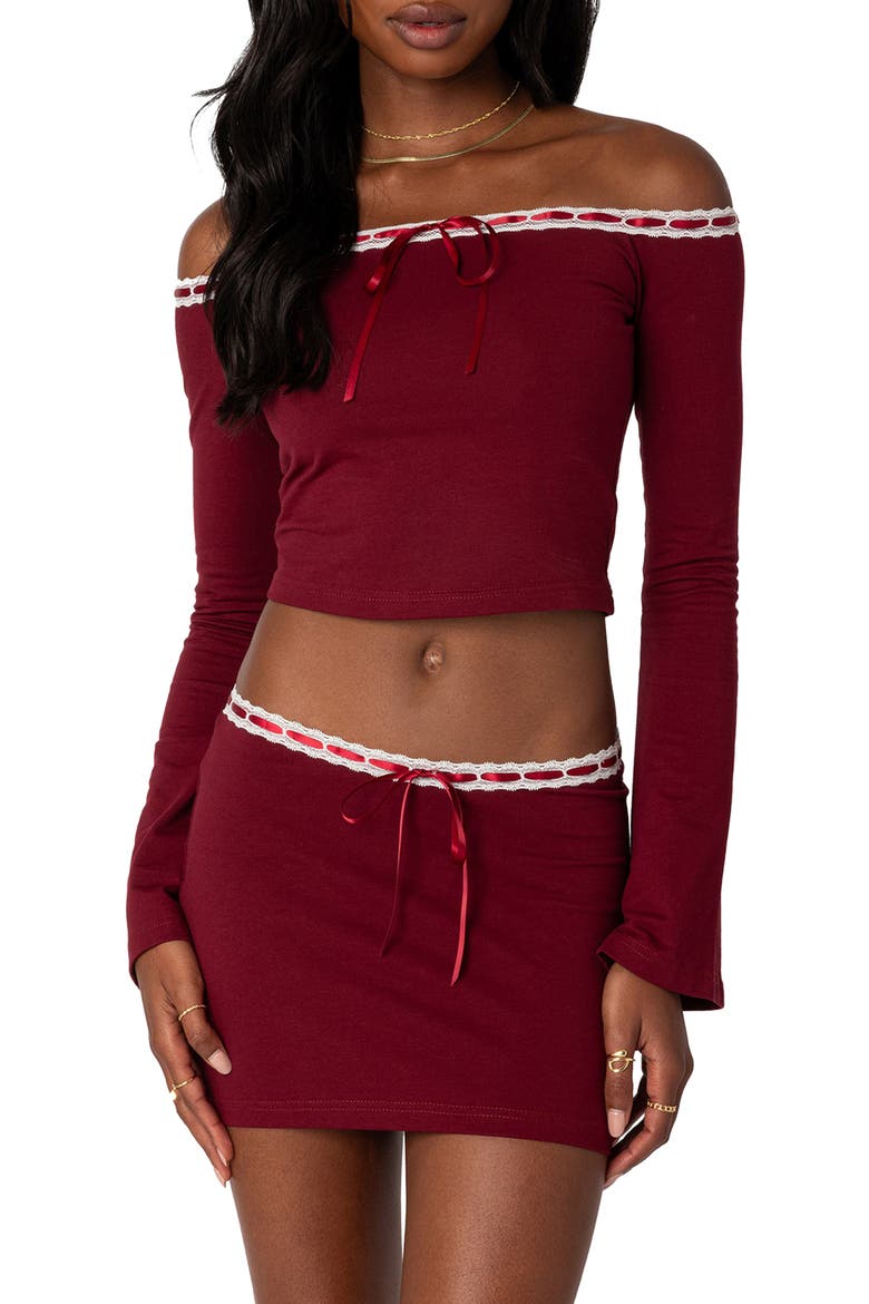 Seline Ribbon Trim Off the Shoulder Crop Top, Main, color, BURGUNDY