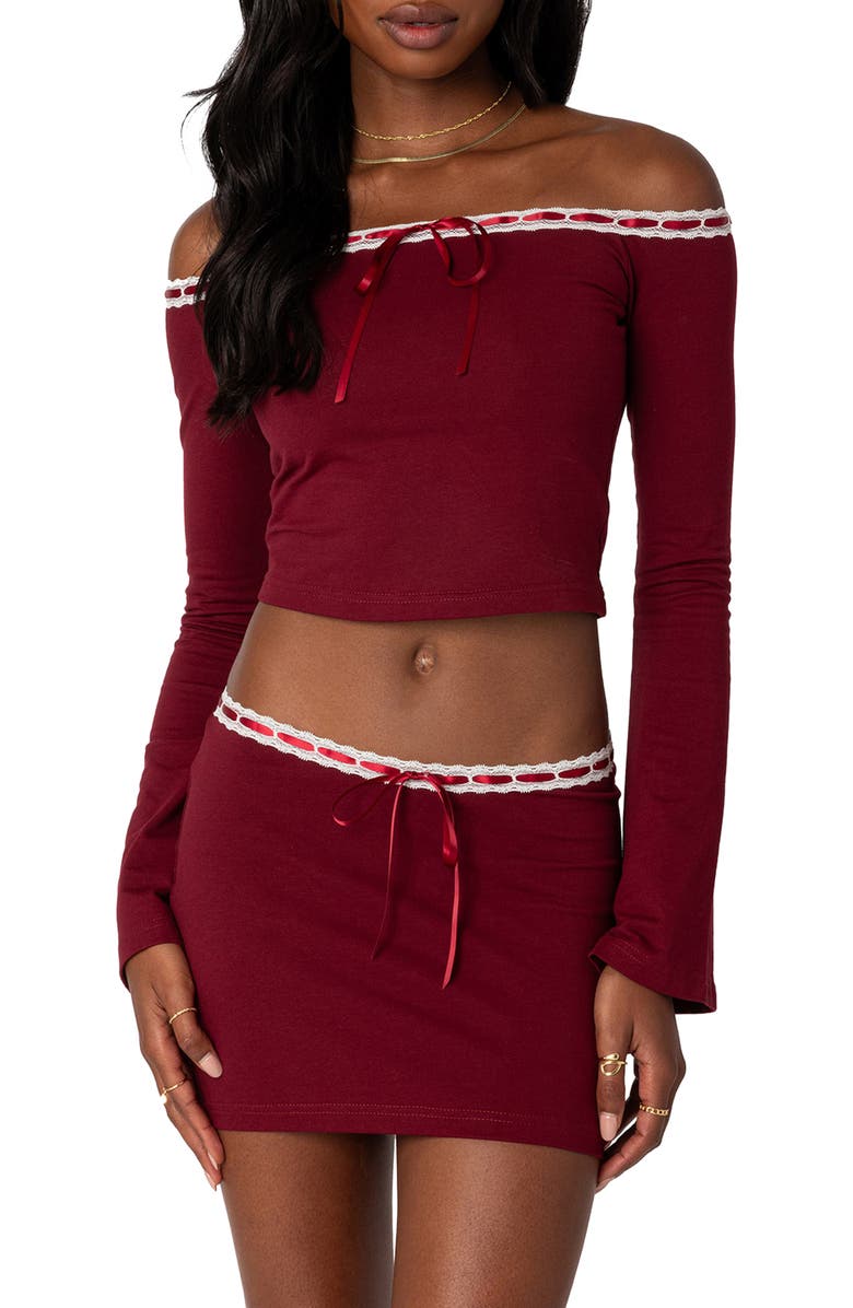 EDIKTED Seline Ribbon Trim Off the Shoulder Crop Top, Main, color, Burgundy