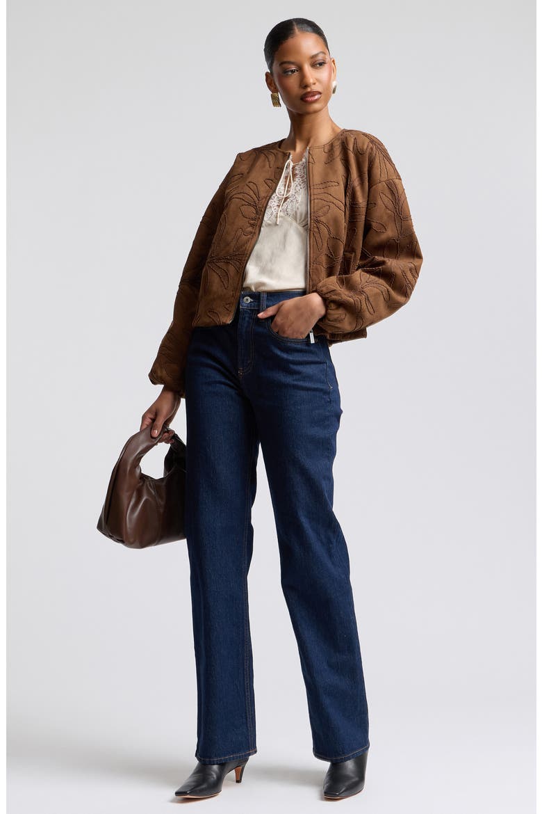 Leaf Embroidery Faux Suede Jacket, Alternate, color, MOCHA