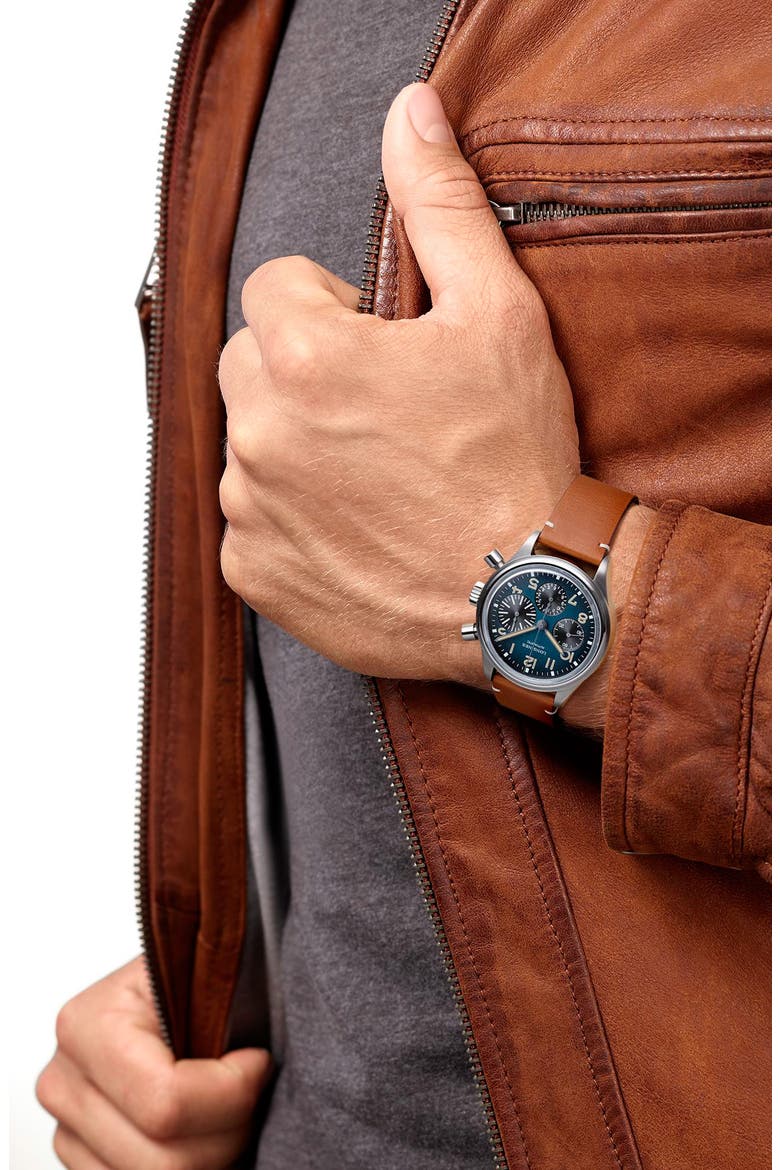 Aviation BigEye Automatic Chronograph Leather Strap Watch, 41mm, Alternate, color, PETROLEUM