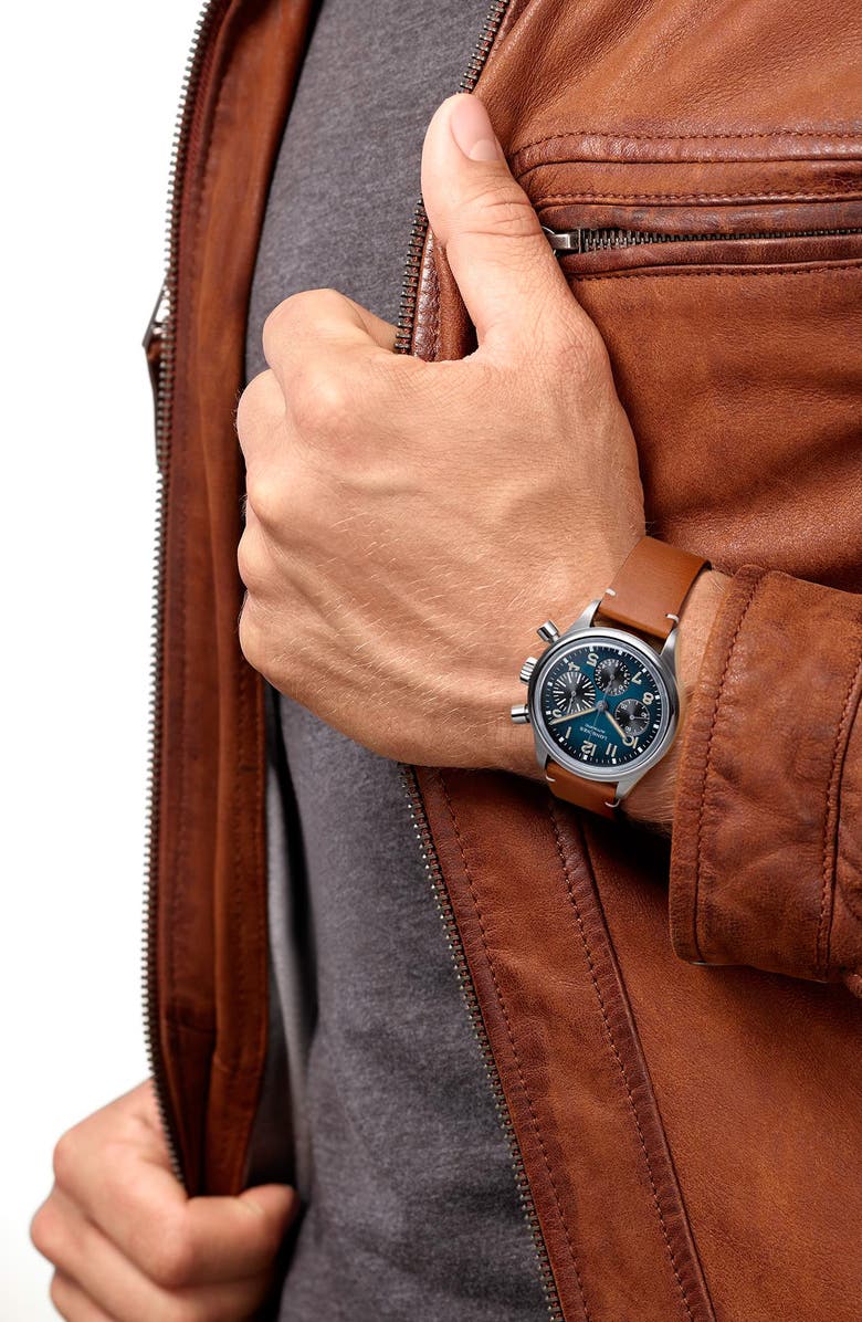 Longines Aviation BigEye Automatic Chronograph Leather Strap Watch, 41mm, Alternate, color, Petroleum