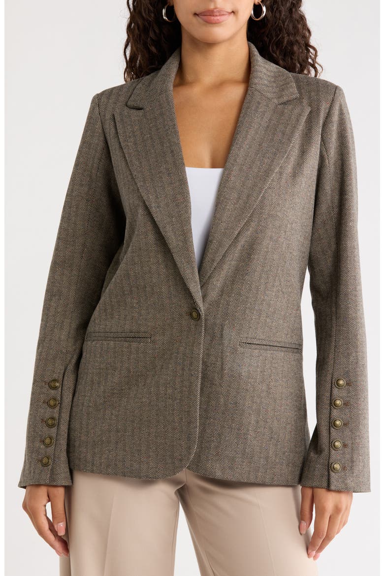 Button Sleeve Herringbone Tweed Jacket, Alternate, color, BROWN/ MULTI