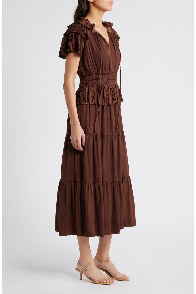 Tiered Plissé Midi Dress, Alternate, color, CHOCOLATE