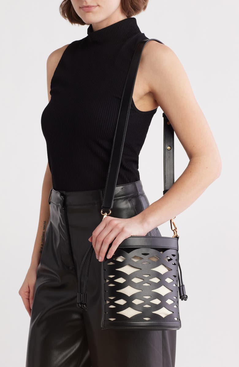 BCBG Woven Laser Cut Bucket Bag, Alternate, color,