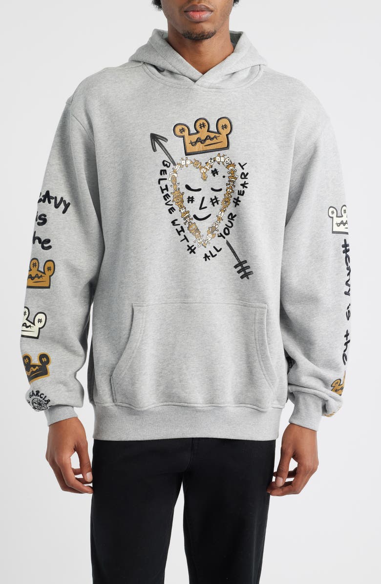 VIC GARCIA WORLD Heavy Is the Crown Graphic Hoodie, Main, color, Heather Gray