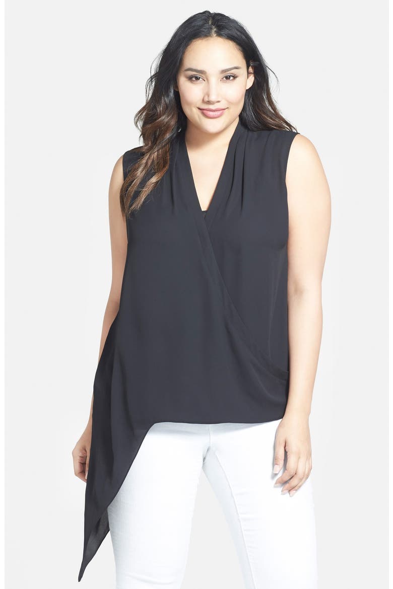 Print Sleeveless Asymmetrical Crepe Wrap Front Blouse, Main, color, BLACK