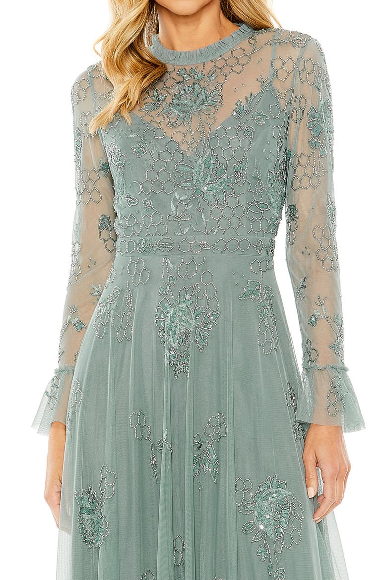 Beaded Embroidered Tulle Long Sleeve Gown, Alternate, color, Spruce