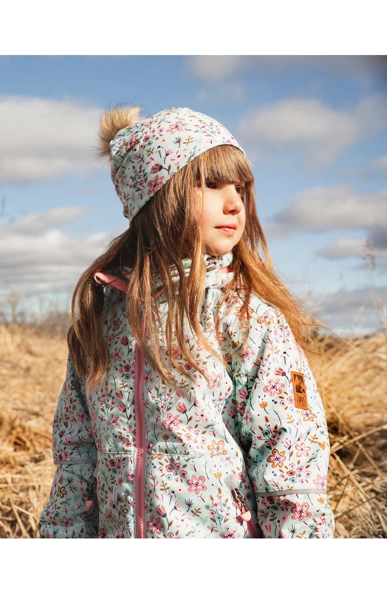 Deux par Deux Stretch Jersey Hat Mini Flower Print with Pompom, Alternate, color, Blue Mini Flower Print