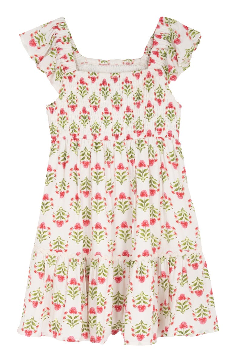 Rare Editions Kids' Print Smocked Tiered Dress, Alternate, color, Ivory