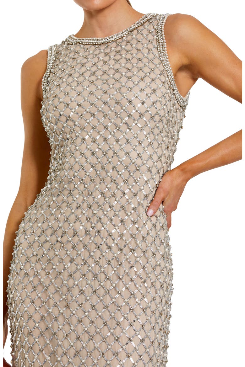 Sequin Mesh High Neck Column Sleeveless Gown, Alternate, color, Silver Nude