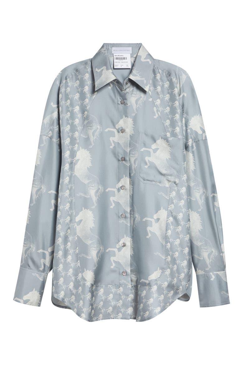 Horse Print Paneled Silk Button-Up Shirt, Alternate, color, BLUE/ CREAM