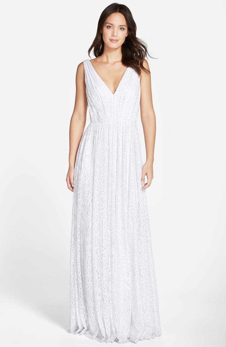 Vera Wang Pleated Lace V-Neck Gown, Main, color, 