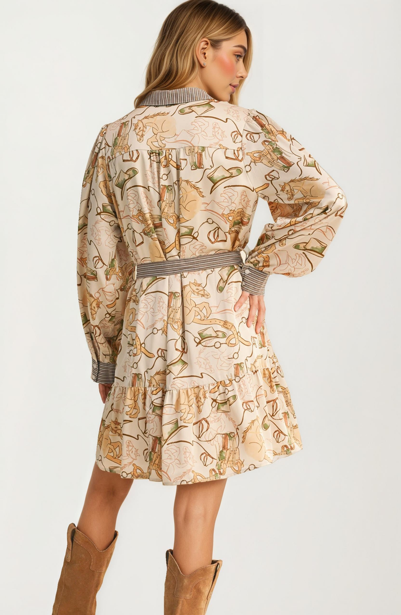 Knit and Lounge Long Sleeve Printed Belted Button Front Shirt Dress, Alternate, color, 