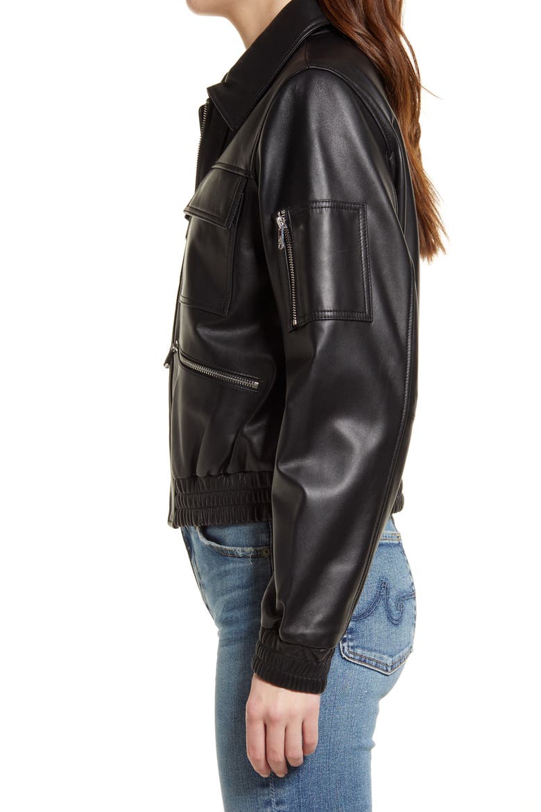 Leather Bomber Jacket, Alternate, color, BLACK