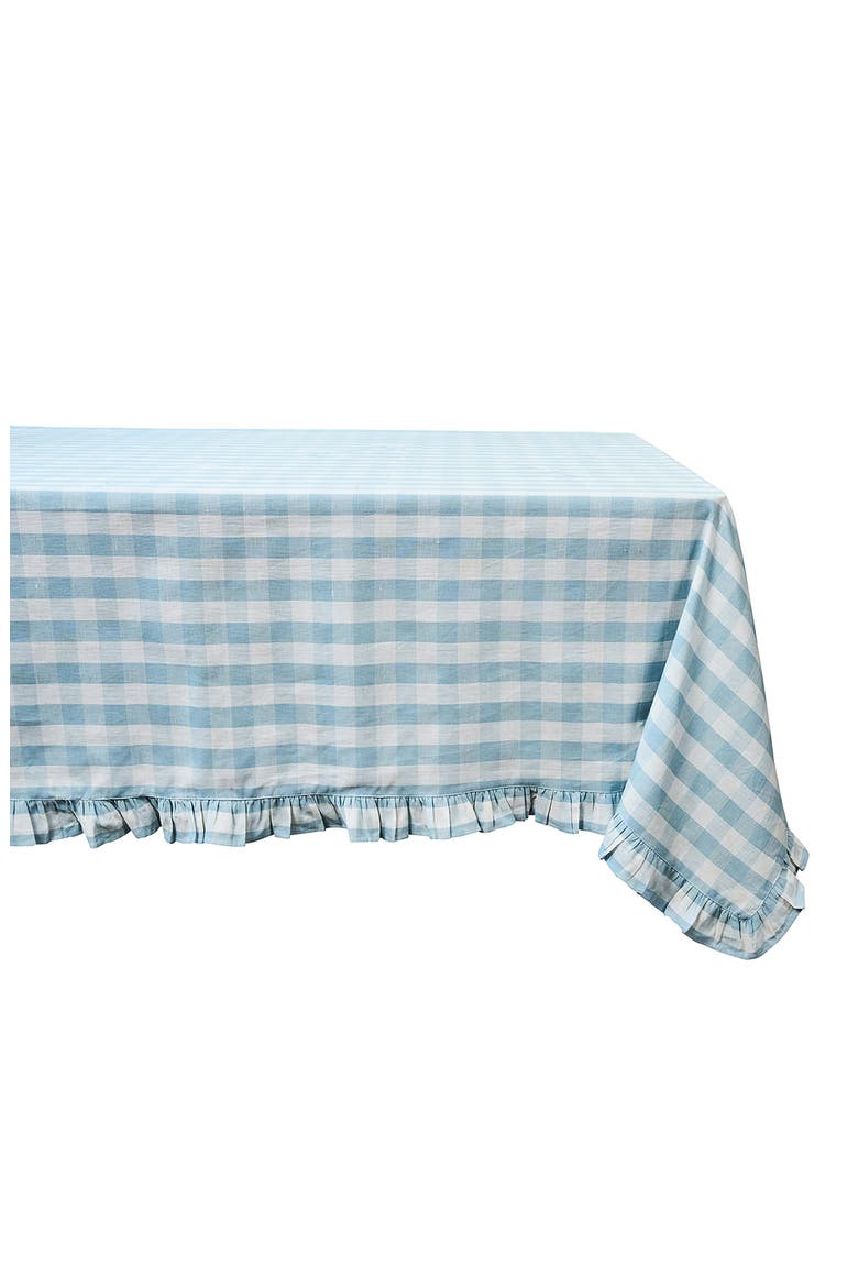 Gingham Ruffle Cotton & Linen Tablecloth, Main, color, OCEAN
