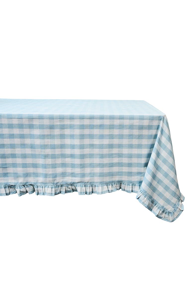 Juliska Gingham Ruffle Cotton & Linen Tablecloth, Main, color, Ocean