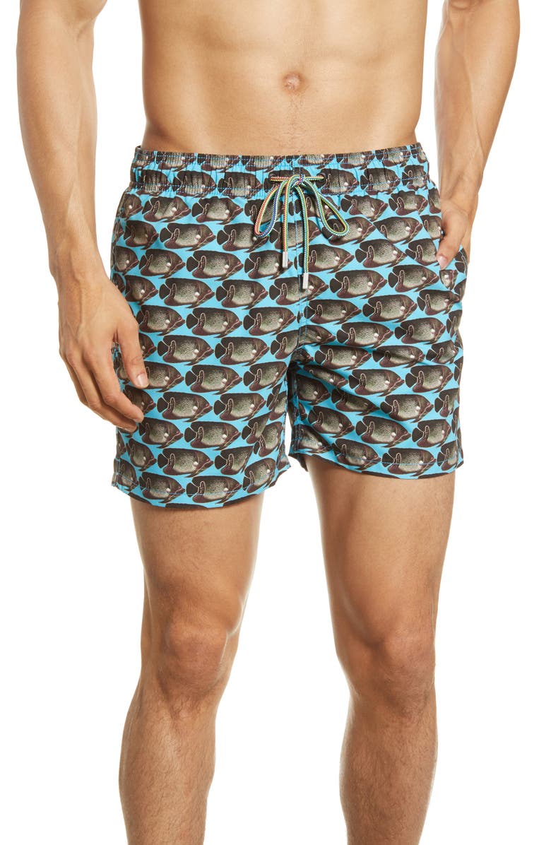 Bugatchi Fish Print Swim Trunks, Main, color, 