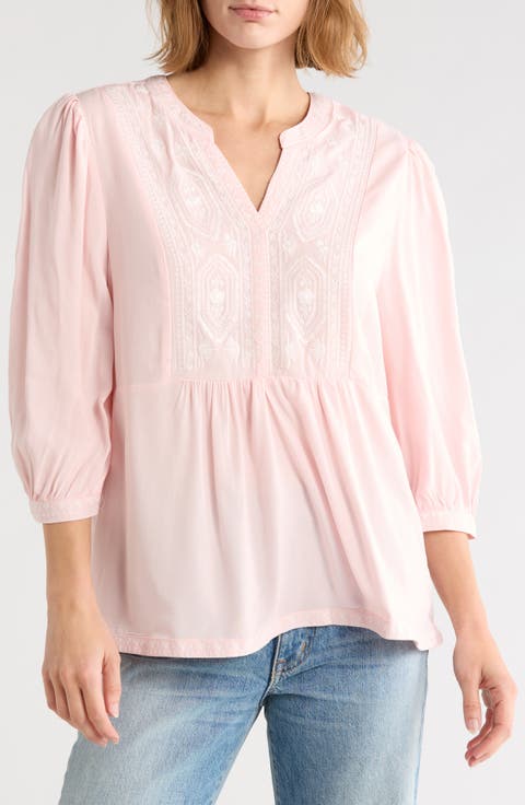 Embroidered Split Neck Top