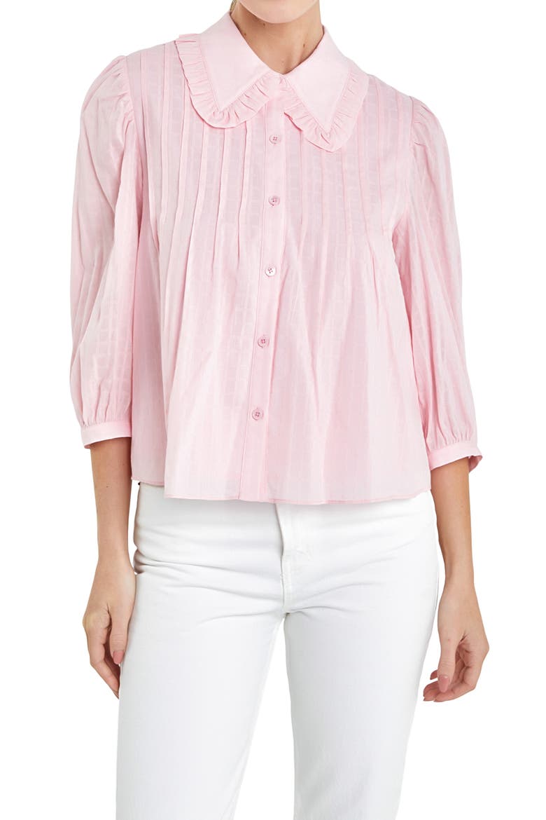 Ruffle Collar Cotton Blend Button-Up Shirt, Alternate, color, PINK