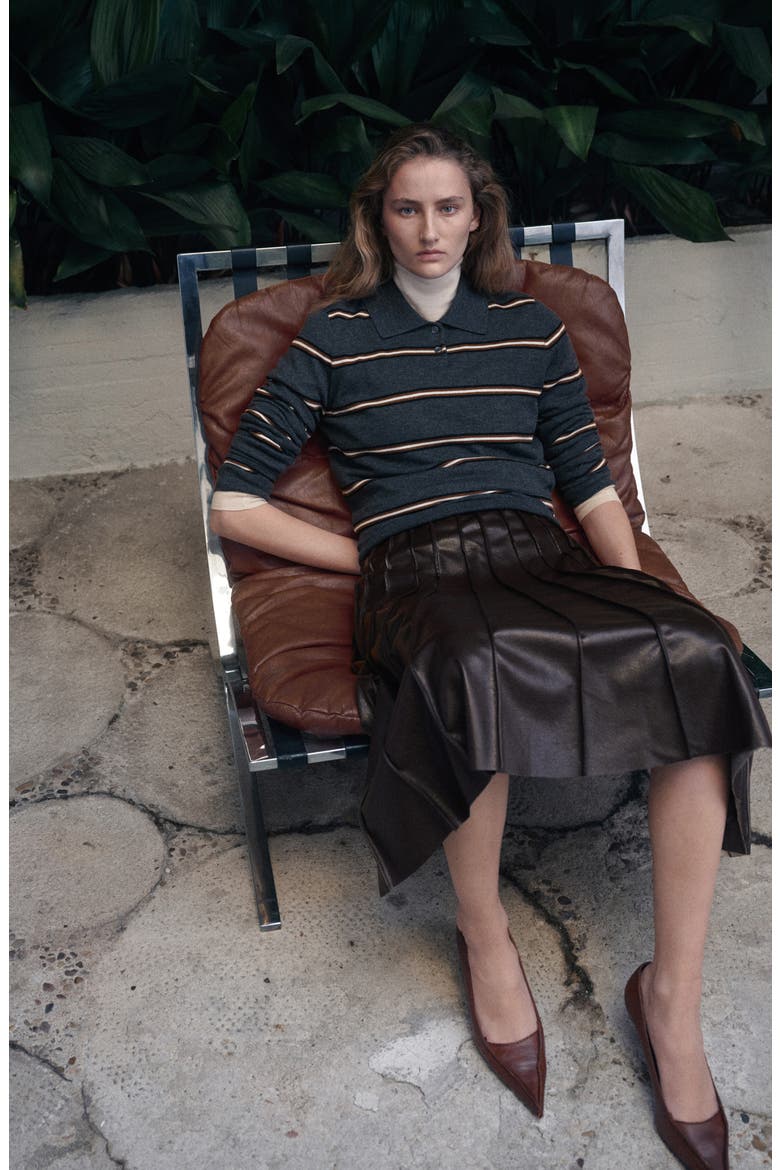 Dalia Pleated Faux Leather Midi Skirt, Alternate, color, BROWN