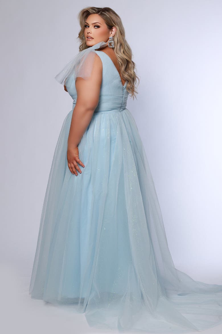 V-Neckline Bra-Friendly Plus Size A-line Gown with Bows, Alternate, color, Ice Blue