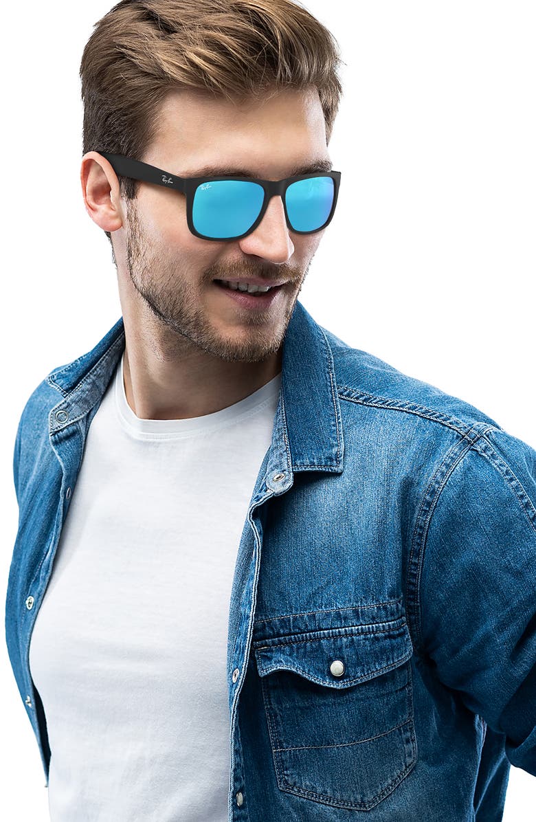 Ray-Ban Justin 54mm Rectangular Sunglasses, Alternate, color, Black/ Green Mirror/ Blue