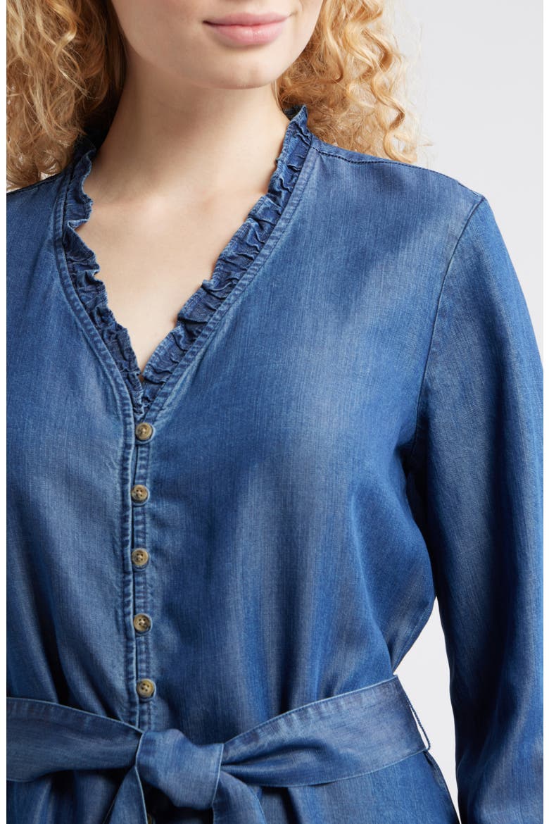 Ruffle Trim Tie Waist Denim Dress, Alternate, color, DARK TWILIGHT WASH