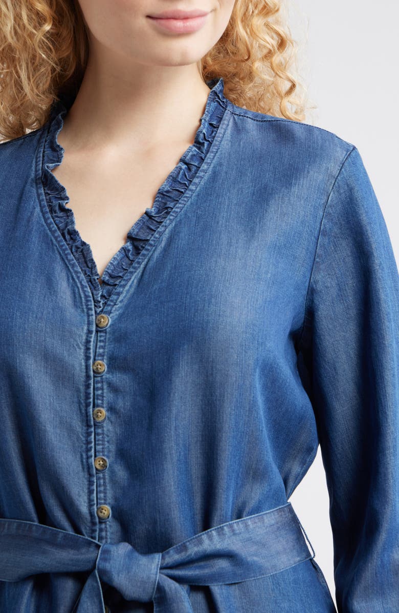 Cloth & Stone Ruffle Trim Tie Waist Denim Dress, Alternate, color, Dark Twilight Wash