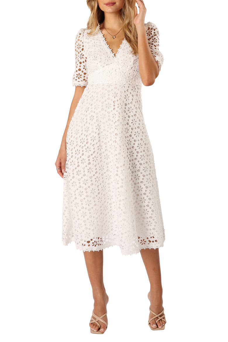Camellia Floral Eyelet Cotton Midi Dress, Main, color, WHITE