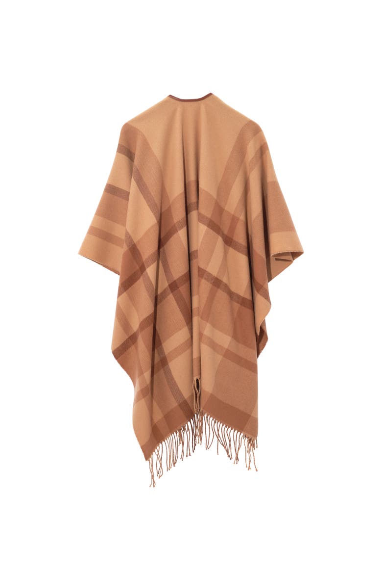 plaid ruana with fringe, Alternate, color, camel multi