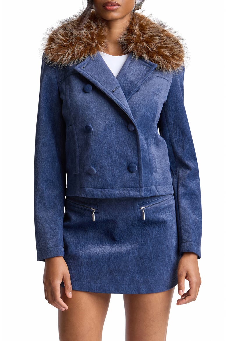 Faux Fur Collar Double Breasted Jacket, Main, color, BRIGHT BLUE