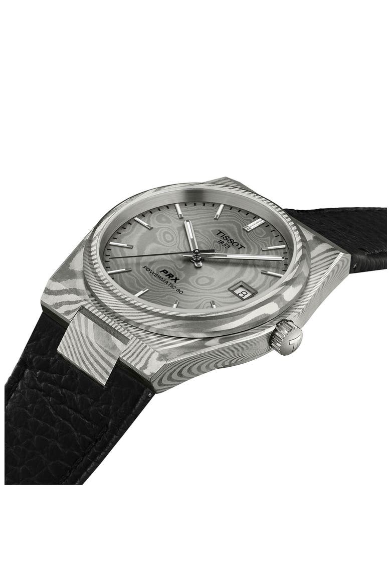PRX Powermatic 80 Damascus Steel Leather Strap Watch, 38mm, Alternate, color, GREY