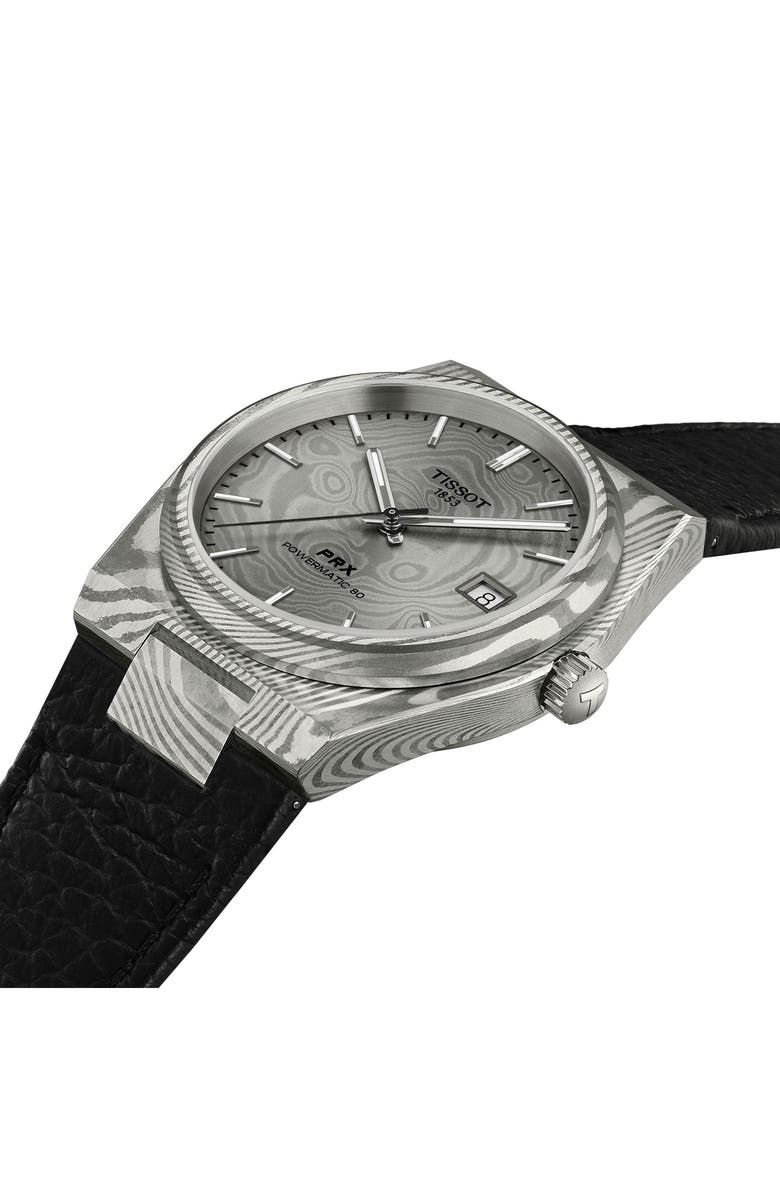Tissot PRX Powermatic 80 Damascus Steel Leather Strap Watch, 38mm, Alternate, color, Grey