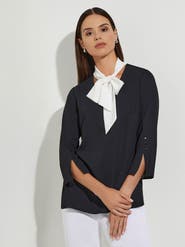 Misook Contrast Tie V-Neck Crepe de Chine Blouse