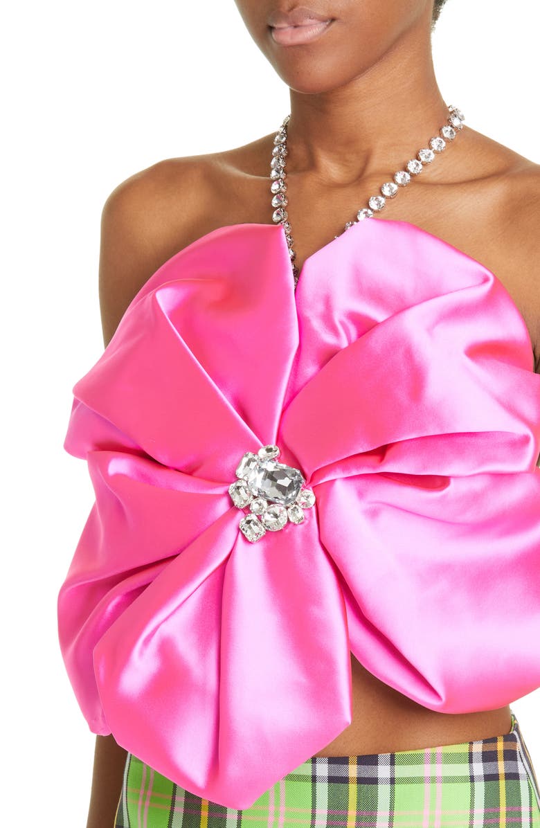 Area Crystal Embellished Satin Rosette Halter Top, Alternate, color,