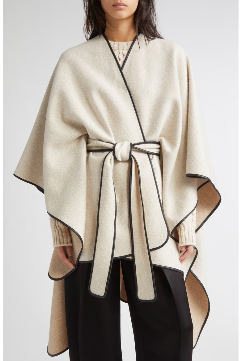 Leather Piped Wool & Cashmere Belted Cape, Main, color, ECRU / OATMEAL