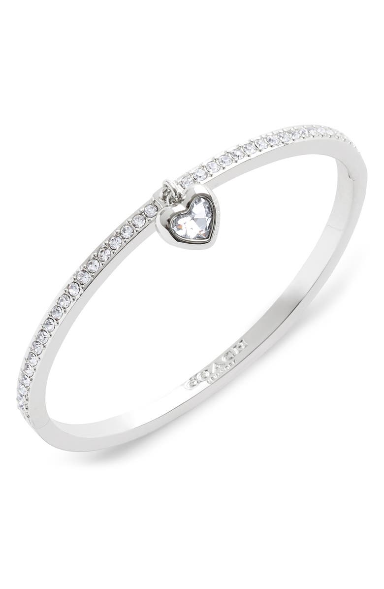 COACH Heart Charm Pavé Bangle Bracelet, Alternate, color, Crystal/Rhodium