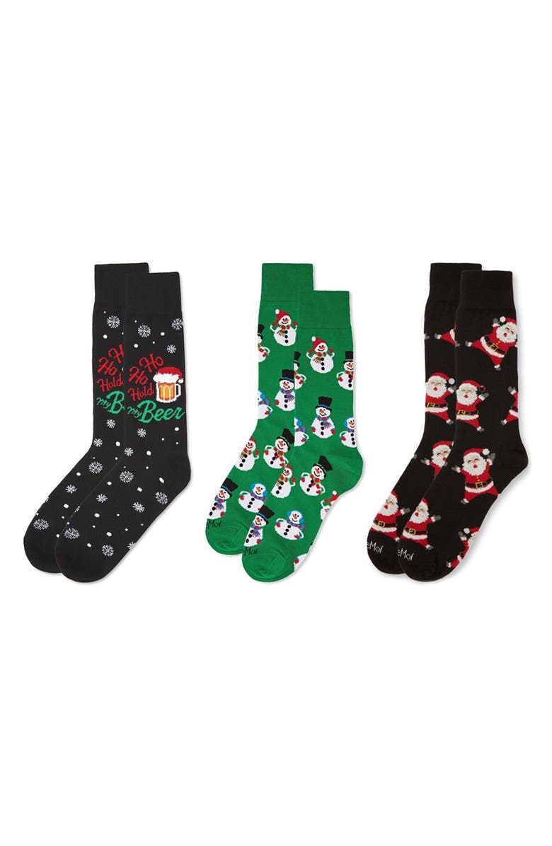 MeMoi Assorted 3-Pack Christmas Crew Socks, Alternate, color, Black/ Black