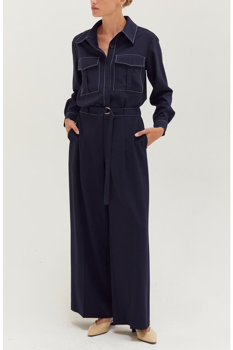 Contrast Stitch Belted Trousers, Alternate, color, Midnight Blue