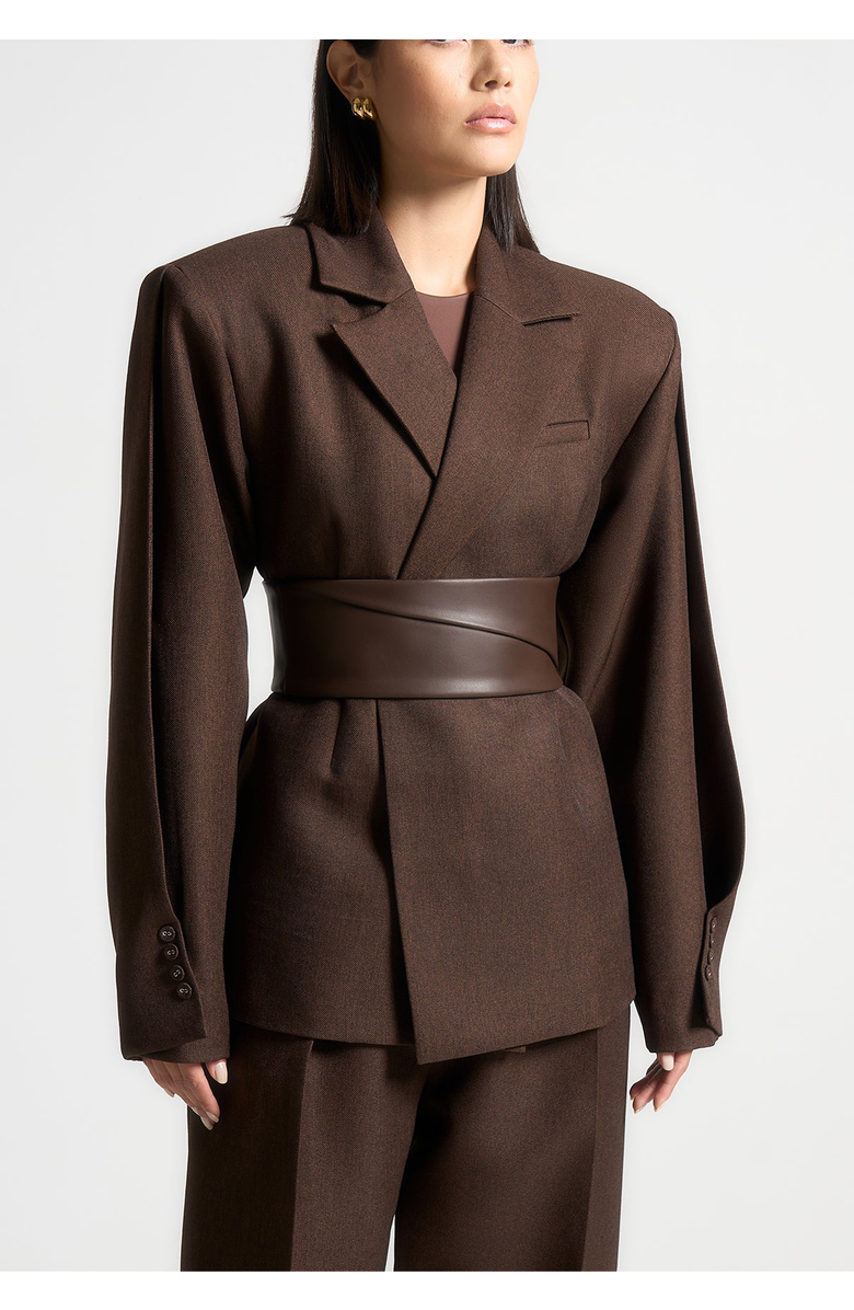 Manière De Voir Marie Twist Sleeve Tailored Blazer with Belt, Alternate, color, Brown
