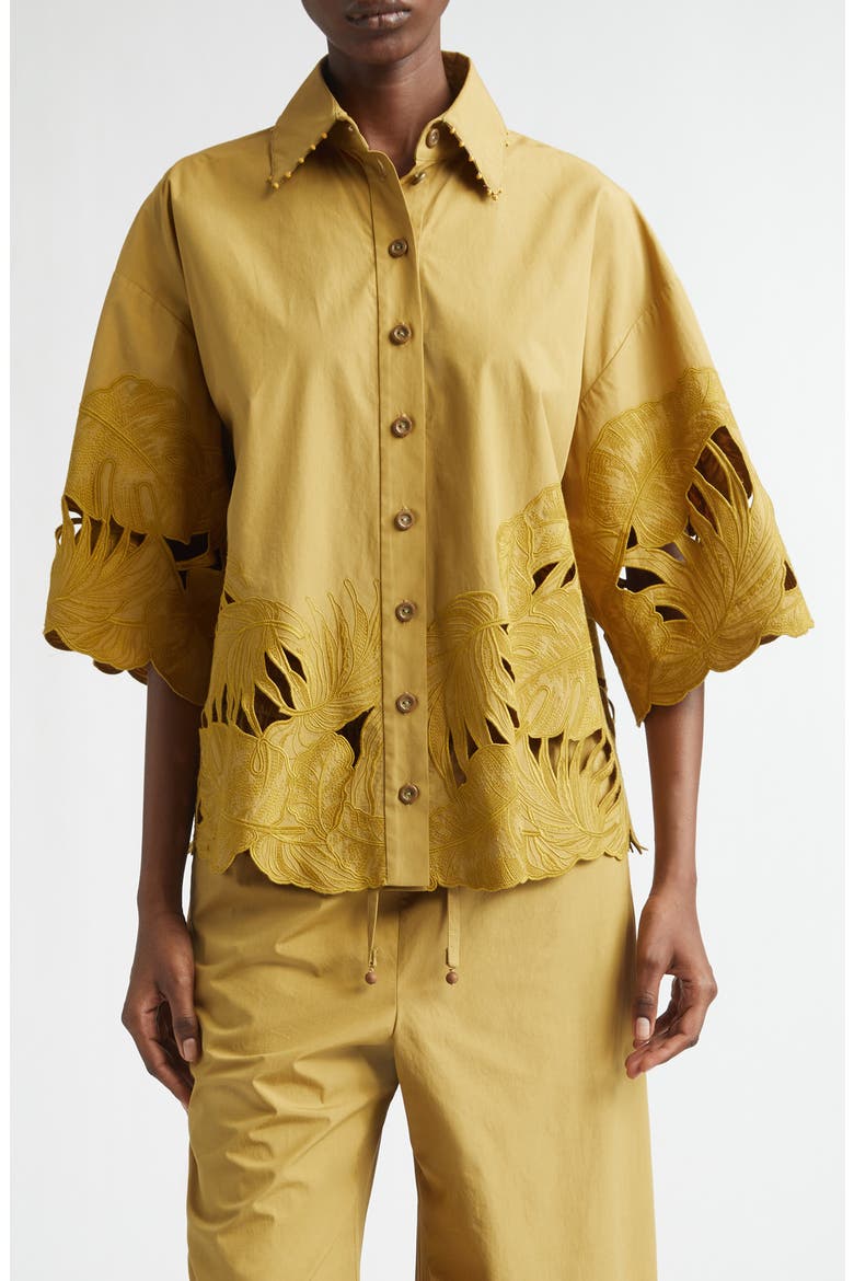 Mahon Oversize Embroidered Cutwork Cotton Button-Up Shirt, Main, color, MOSS