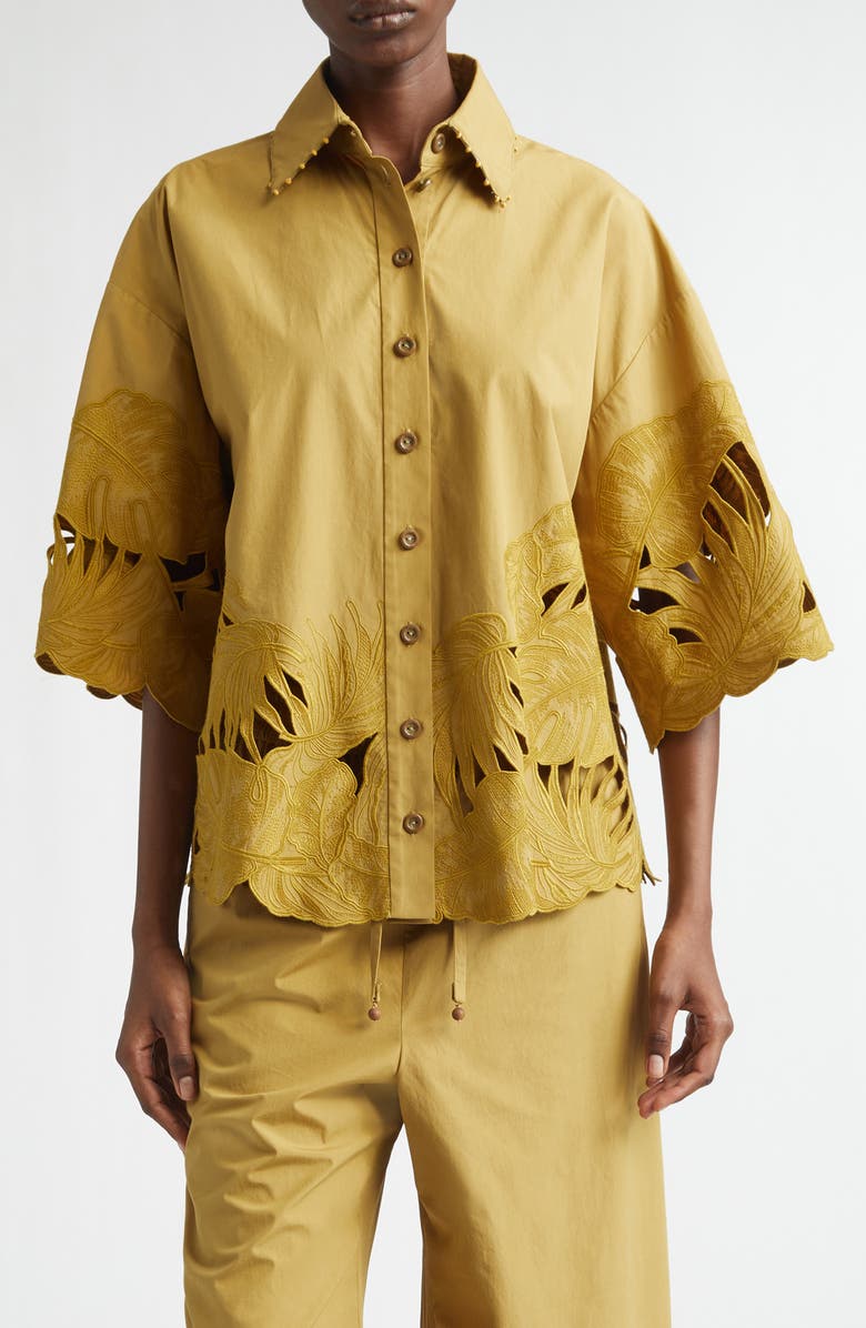 Zimmermann Mahon Oversize Embroidered Cutwork Cotton Button-Up Shirt, Main, color, Moss