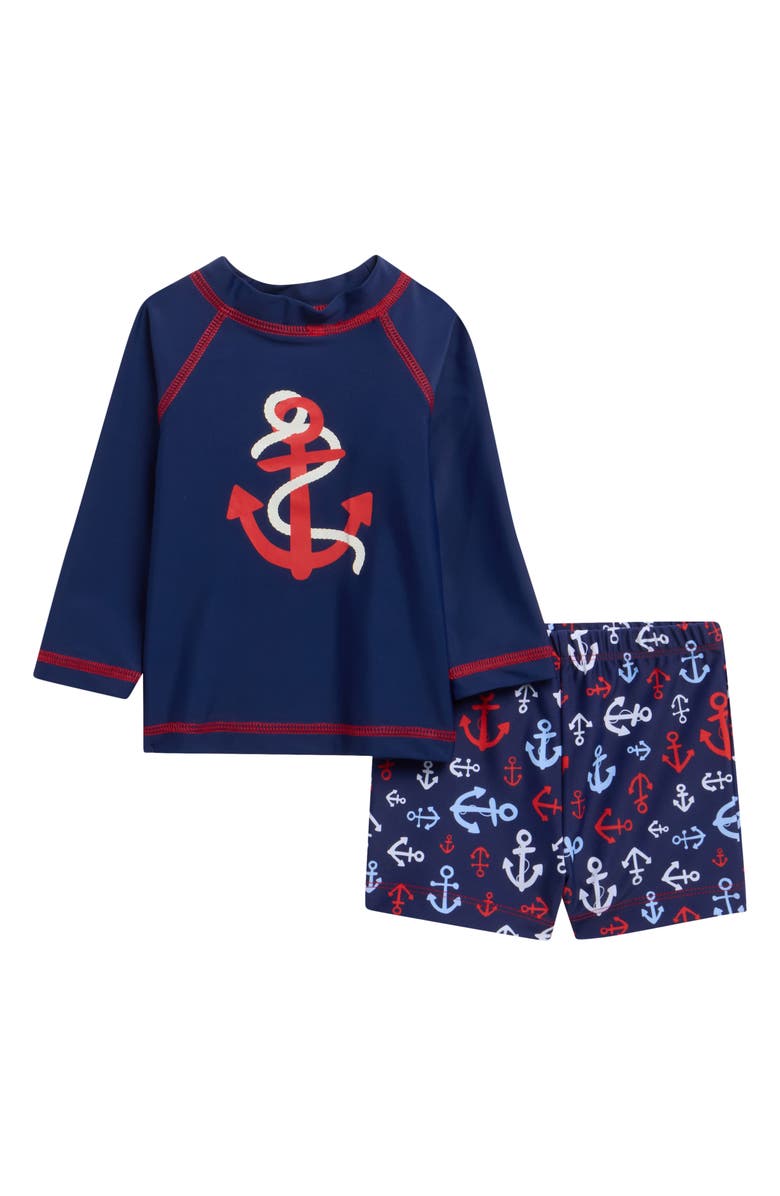 Little Me Anchor Graphic Long Sleeve Rashguard & Swim Trunks Set, Main, color, Blue