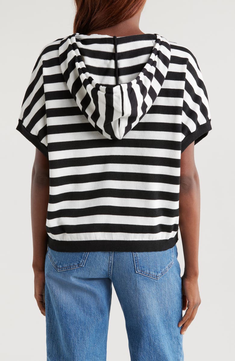 Vince Camuto Stripe Short Sleeve Hooded Sweater, Alternate, color, Rich Black/ White