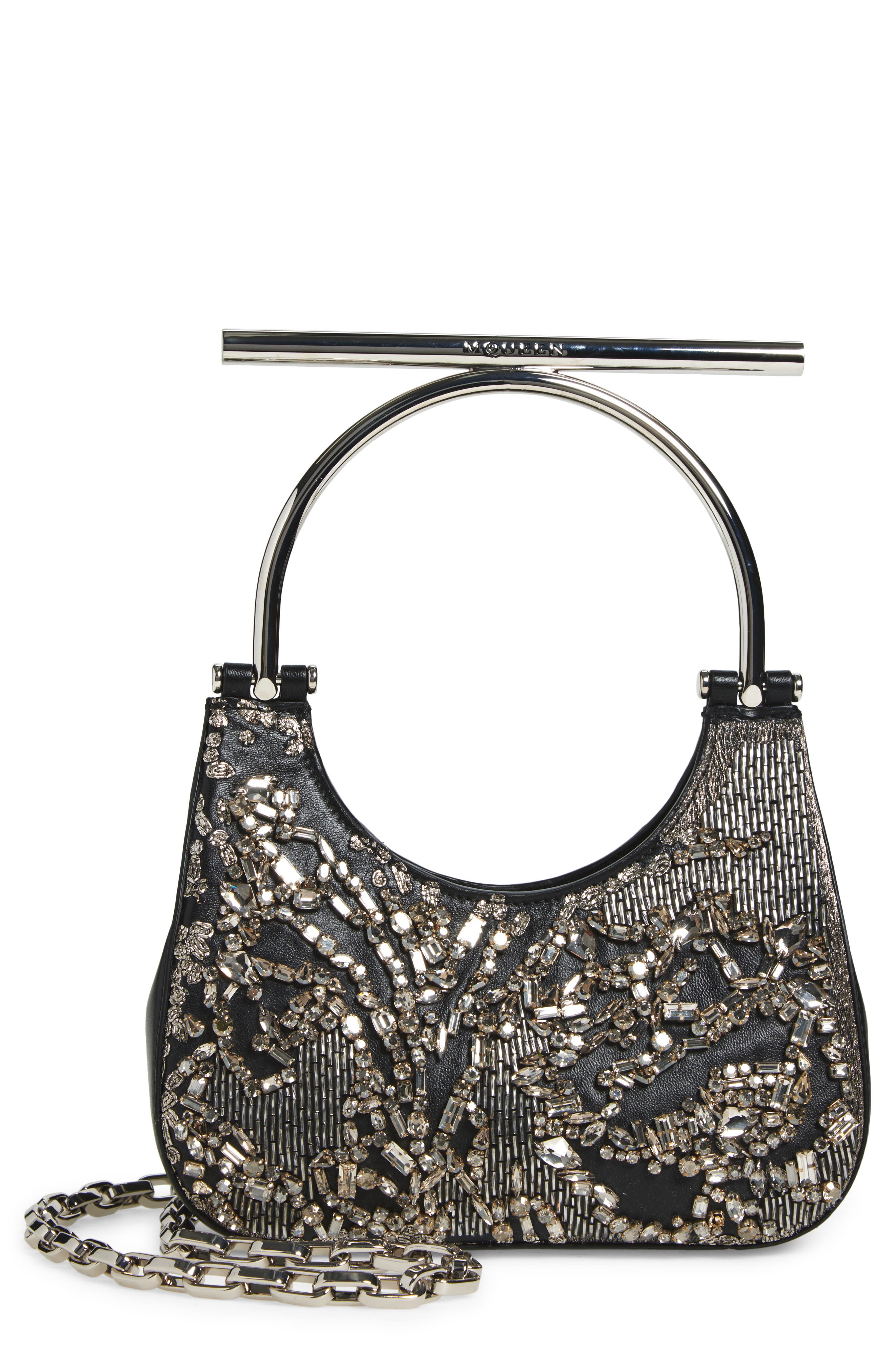 McQueen Mini T-Bar Crystal & Bead Embellished Leather Evening Bag, Main, color, 
