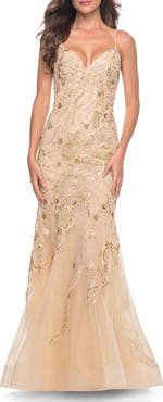 La Femme Mermaid Sequin and Beaded Embellished Prom Dress in Pastels