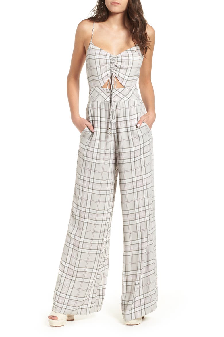 Milan Tie Front Jumpsuit, Main, color, SOFT GREY PLAID