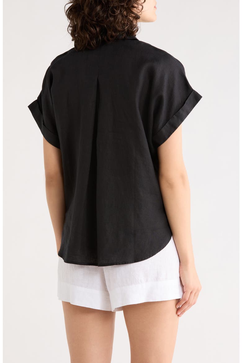 Notch Collar Short Sleeve Organic Linen Top, Alternate, color, BLACK