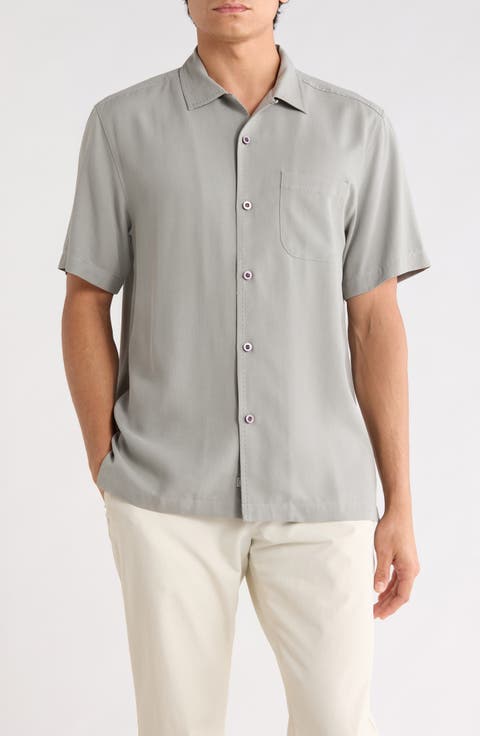Herringbone Short Sleeve Silk Button-Up Camp Shirt