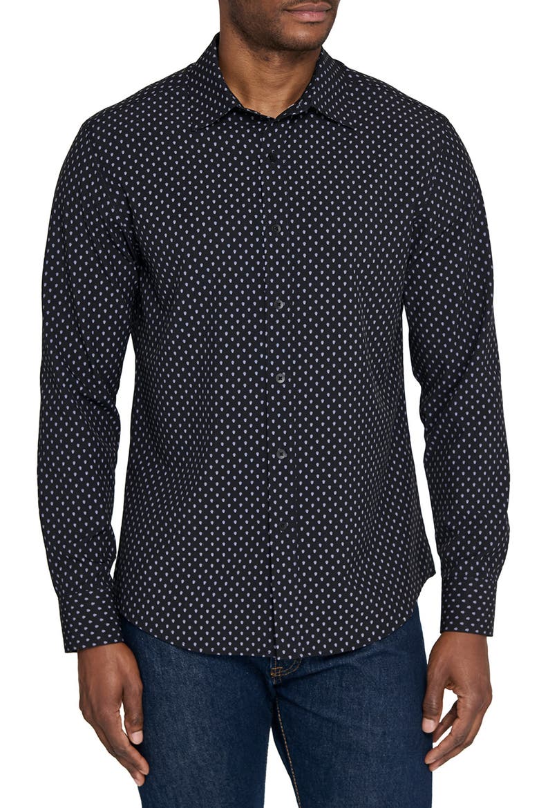 Basic Slim Fit Black Micropaisley Performance Button-Up Shirt, Main, color, BLACK